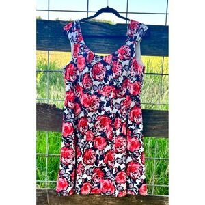 London Times Woman Red Rose Floral Fit Flare Dress Sleeveless Plus Size 14W